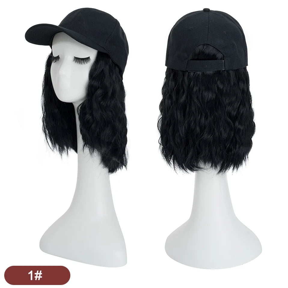 Benehair Hat Wig for Women 8 Inches Wave Baseball Cap Wig with Curly Hair Extensions Wig Synthetic Wave Wig Hat Adjustable Brown
