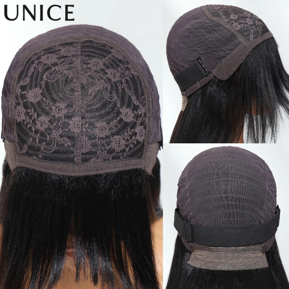 Unice Hair Layered Cut Yaki Straight Wig With Bangs 100% Human Hair Full Machine Made Wig 150% Density
