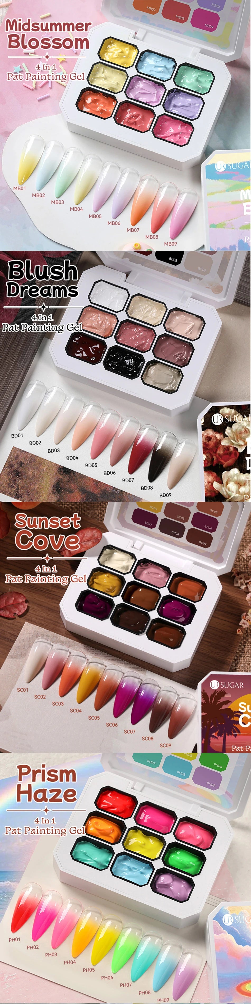 UR SUGAR 4 In 1 Pat Painting Gel Nail Polish Blooming Transfer Design UV LED Soak Off Gel Varnish Gradient Patting Gel Palette