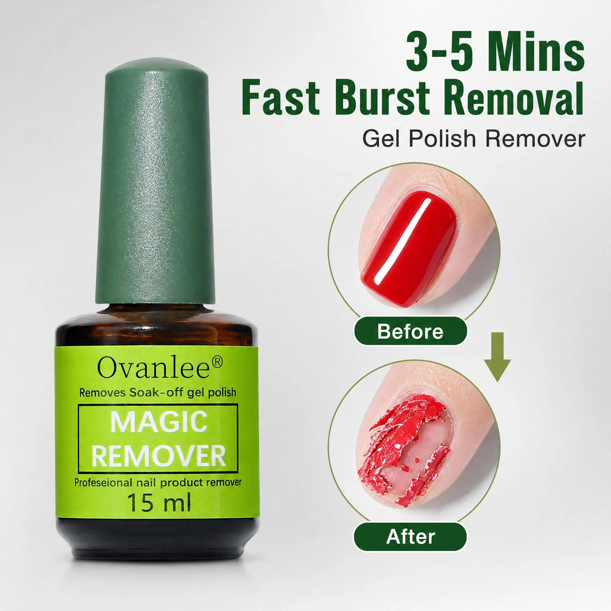Ovanlee 2-Pack Magic Nail Gel Remover – 15ml X 2 Acetone-Free Fast 3-5 Min Burst UV Polish Dissolver, No Foil Wraps, Low Odor & Gentle, Easy Peel-Off Gel Remover for DIY Manicure
