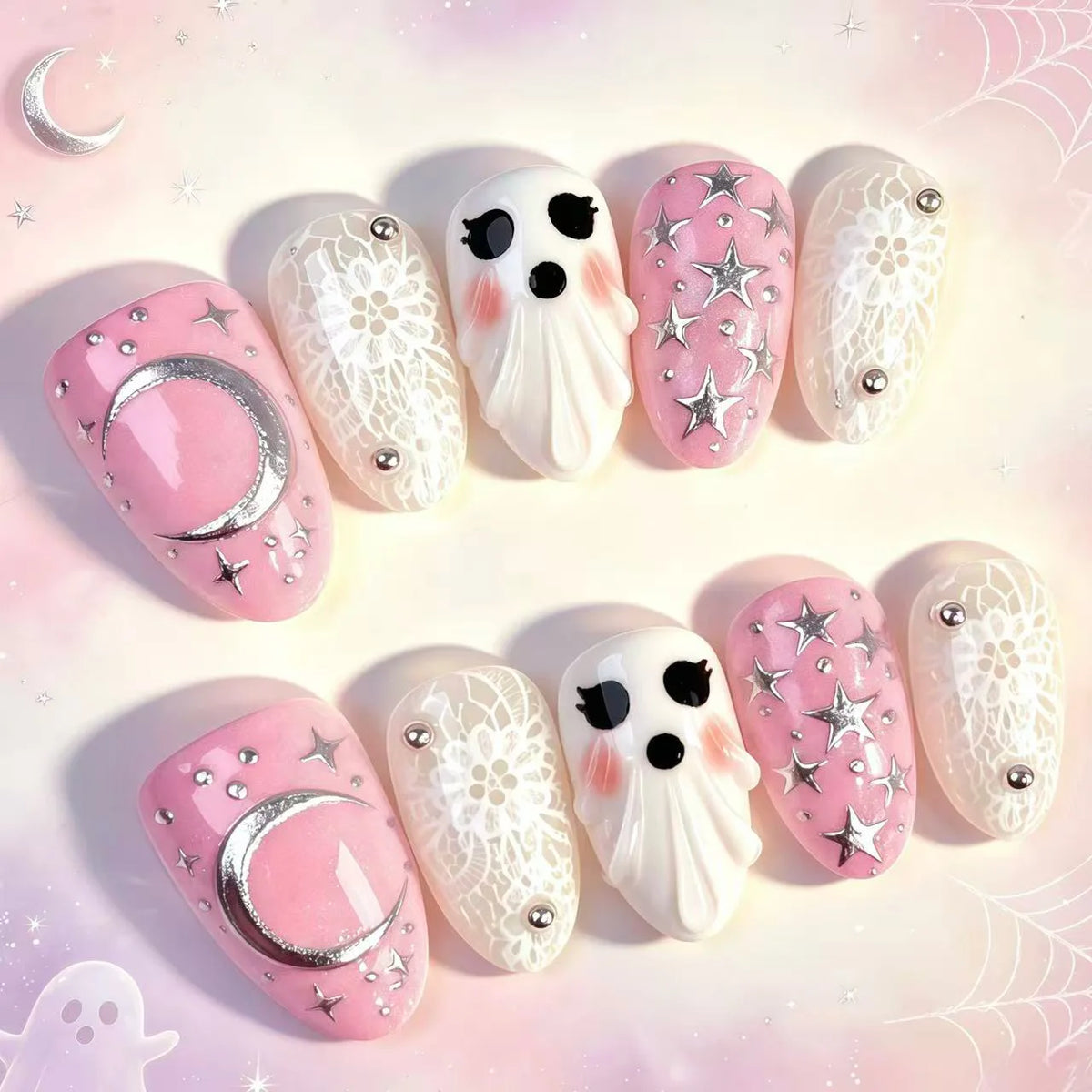 Halloween Pink White Color Press on Nails With 3D Ghost Design Almond Fake Nails INS Sweet Star Moon Decor False Nails 30pcs