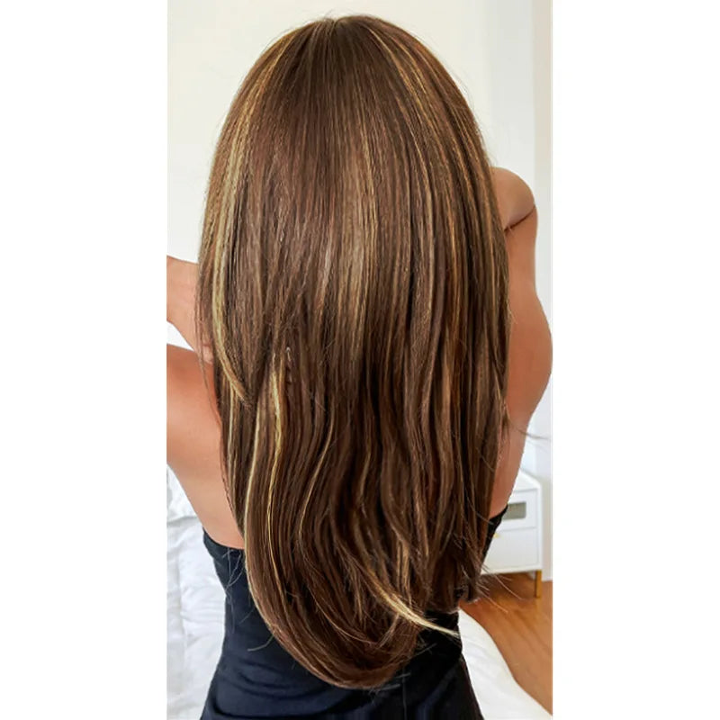 Fashion new synthetic fiber wig for women brown highlights medium long curly high temperature silk full head cover