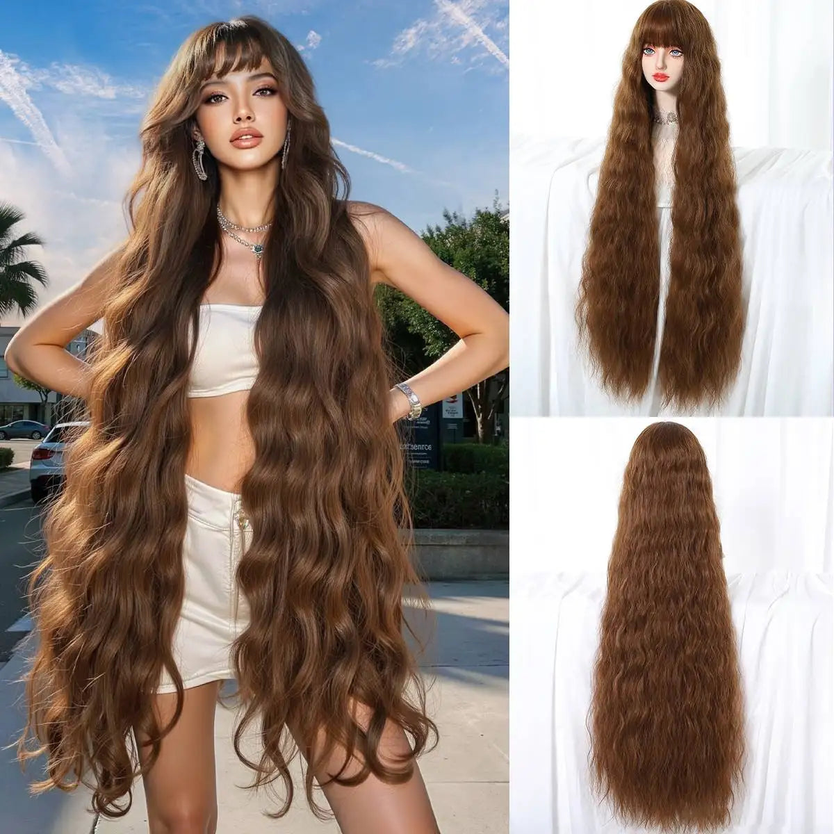 Copper Red Super Long Curly Synthetic Wig with Bangs Ginger Lolita Wavy Heat Resistant Cosplay Halloween Party Wigs for Women