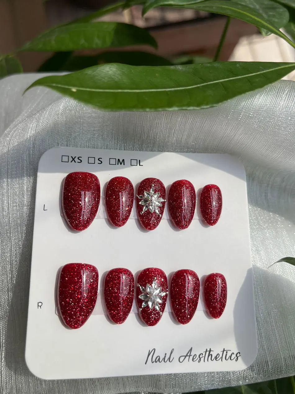 Christmas New Year Almond Fake Nails Red Glitter Press On Nails Silver Snowflake Crystal Handmade Nail Tips for Women 10Pcs