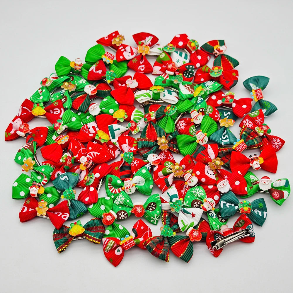 20Pcs Christmas Pet Hair Clips Santa Snowman Bowknot Dog Cat Hair Barrettes Puppy Kitten Holiday Party Grooming Hair Accessories