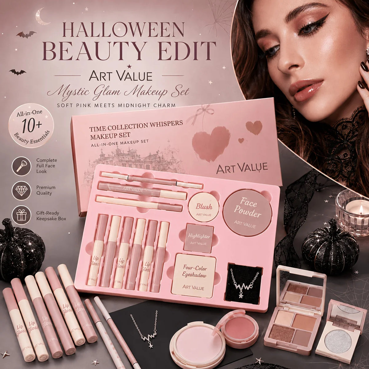 14pcs Teen Pink Makeup Gift Set, Lip Gloss Eyebrow Mascara Eyeliner Necklace Full Beauty Kit, for Xmas Birthday Valentine’s Day