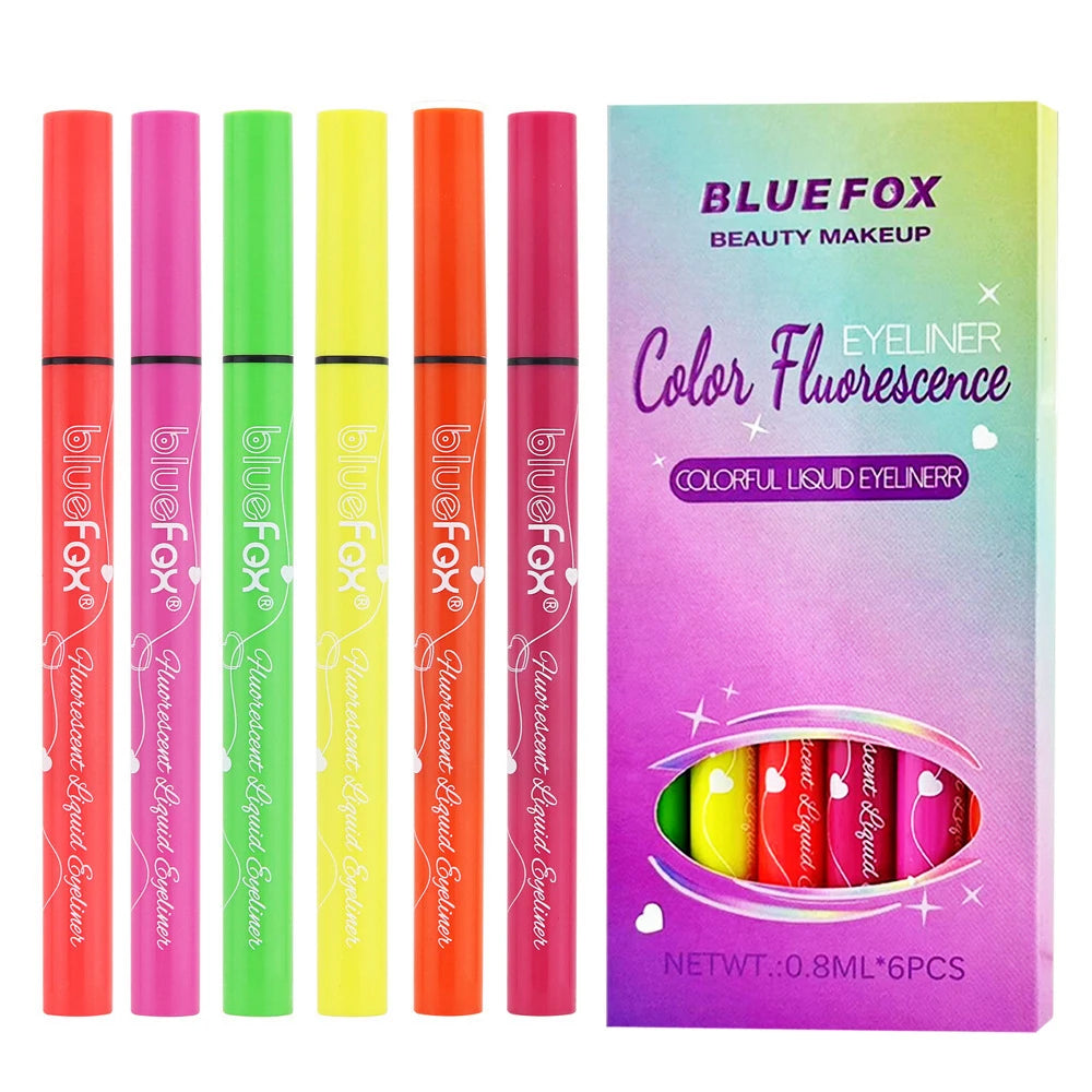 6Pcs Neon Fluorescent UV Glow Eyeliner, Waterproof Long Lasting Colorful Liquid Eye Liner, Rave Party Halloween Makeup Tools