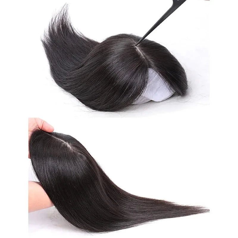 Straight Silk Top Base Topper Swiss Lace Clip In  Women Toupee With Bangs Breathable 100% Real Human Hairpiece Blonde Color Wigs