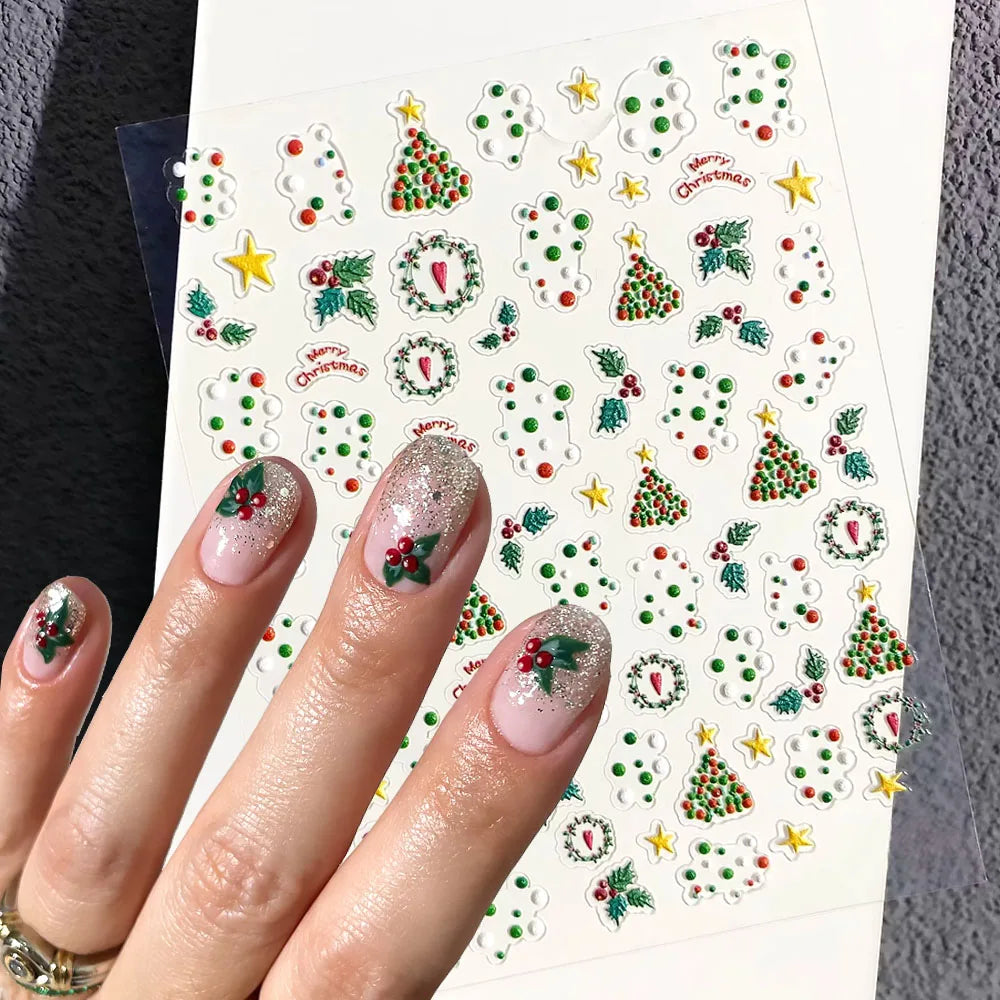 1sheet 5D Holly Berries Christmas Nail Declas Cute Polka Dots Christmas Trees Nail Stickers Gingerbread Man Snowflake Manicure