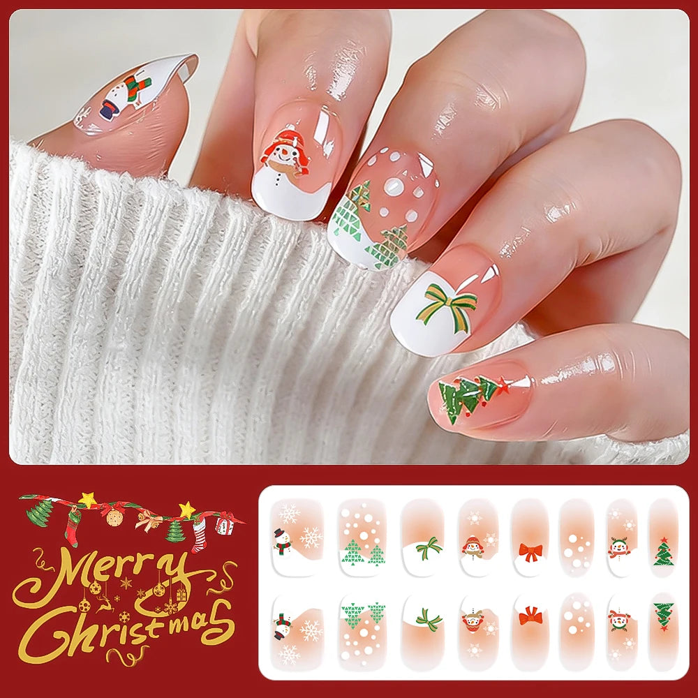 16Tips 3D Full Cover Christmas Series Nail Stickers Adhesive No Light Need Nail Art Wraps Strips Festival Manicure Polish Tips *
