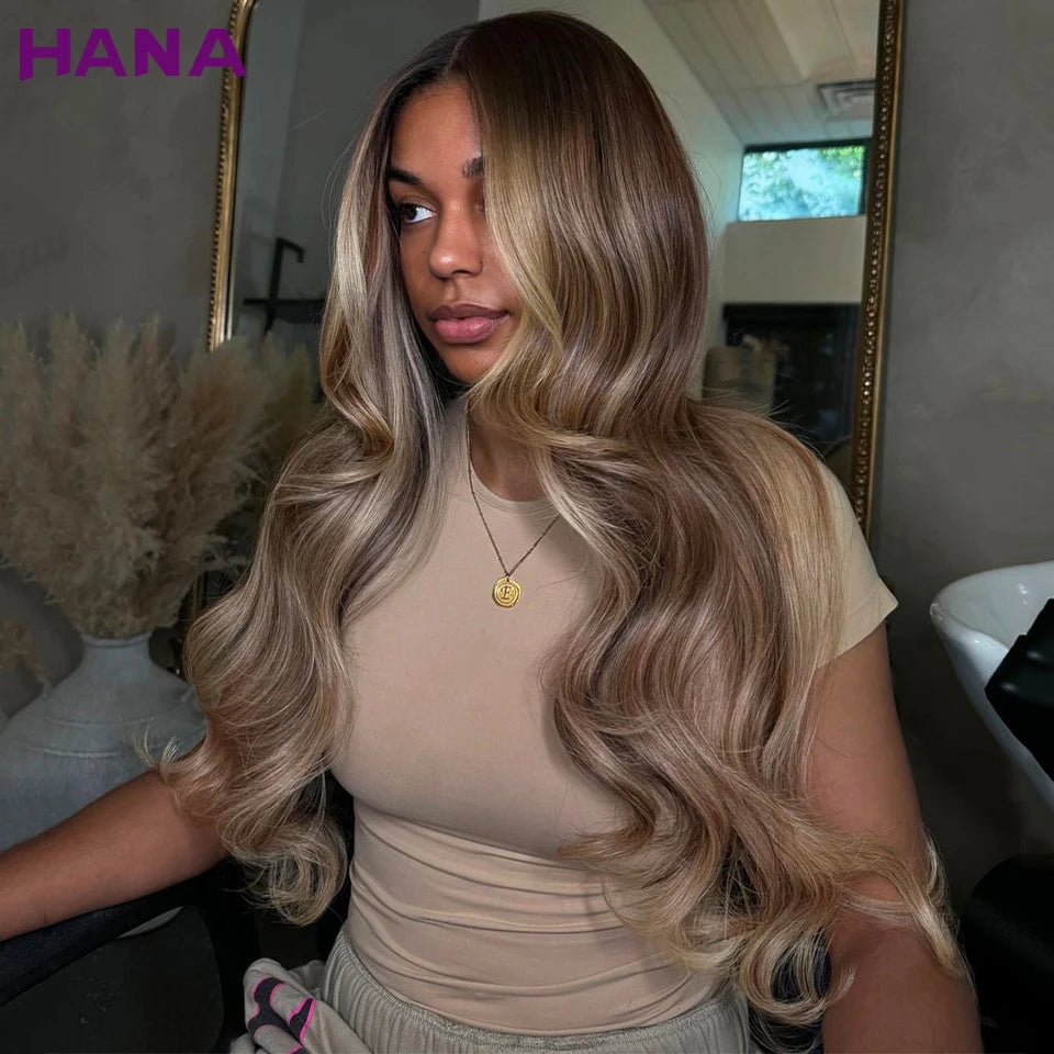 Highlight Ash Brown Blonde Colored 13X6 Lace Frontal Wig Bleached Knots 7X5 Lace Closure Wig Human Hair Drawstring Wig For Women