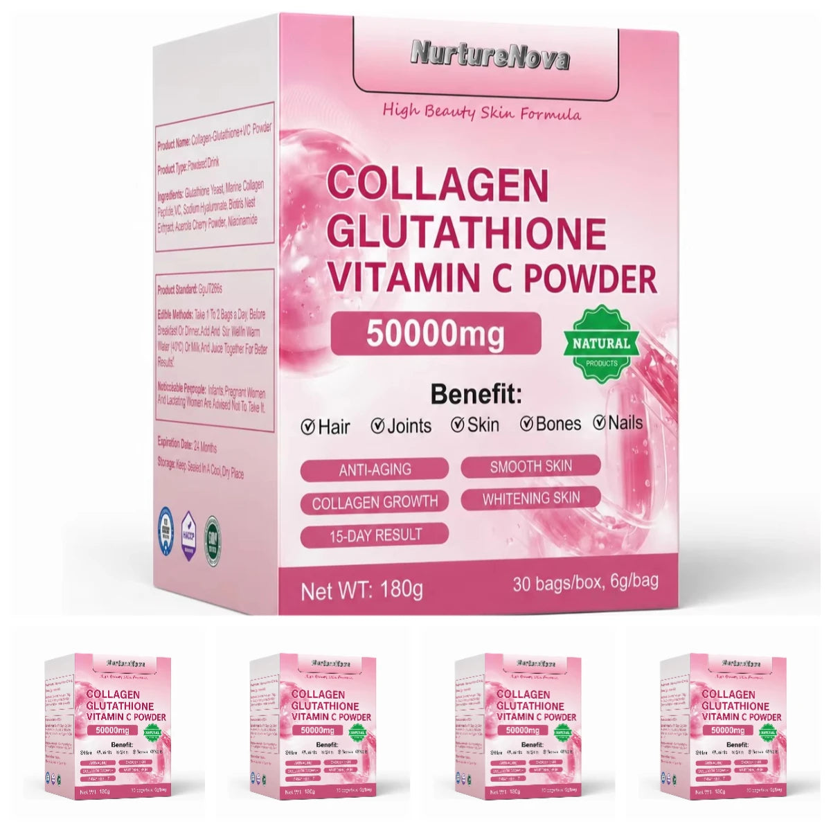 Collagen Peptides Glutathione Vitamin C Powder 30 Sachets, Marine Collagen Drink Mix Antioxidant Wellness Support