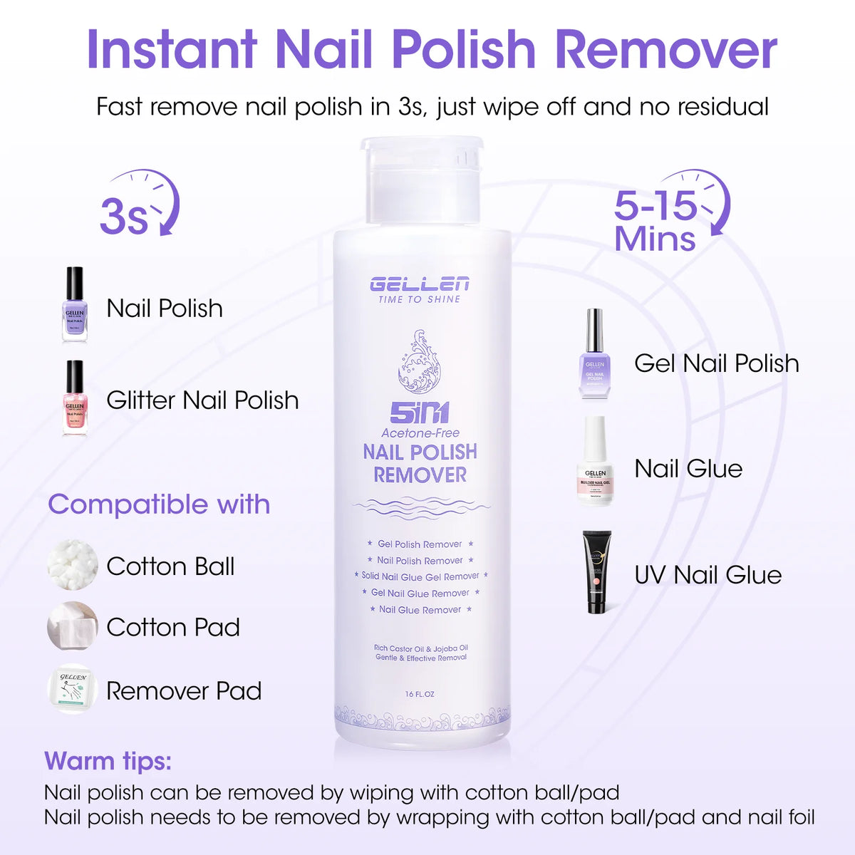 GELLEN Nail Polish Remover 16 Fl Oz Non Acetone Pump Bottle Gel Nail Soak Off Remover Kit Vegan Cruelty Free Gentle Nail Care