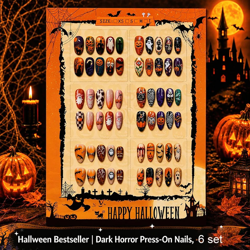 6 Sets Halloween Style Almond-Shaped Press On Nails with of 3D Embossed Pumpkin Bat Checkerboard Ghost Acrylic Fake Nail