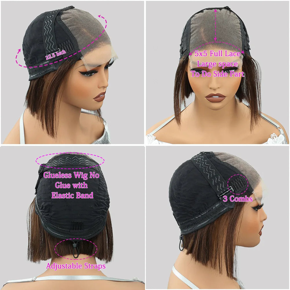 Glueless Straight Bob Wigs 5X5 Chocolate Brown Human Hair Wigs Glueless Drawstring HD Lace Frontal Bob Wigs Human Hair 100%