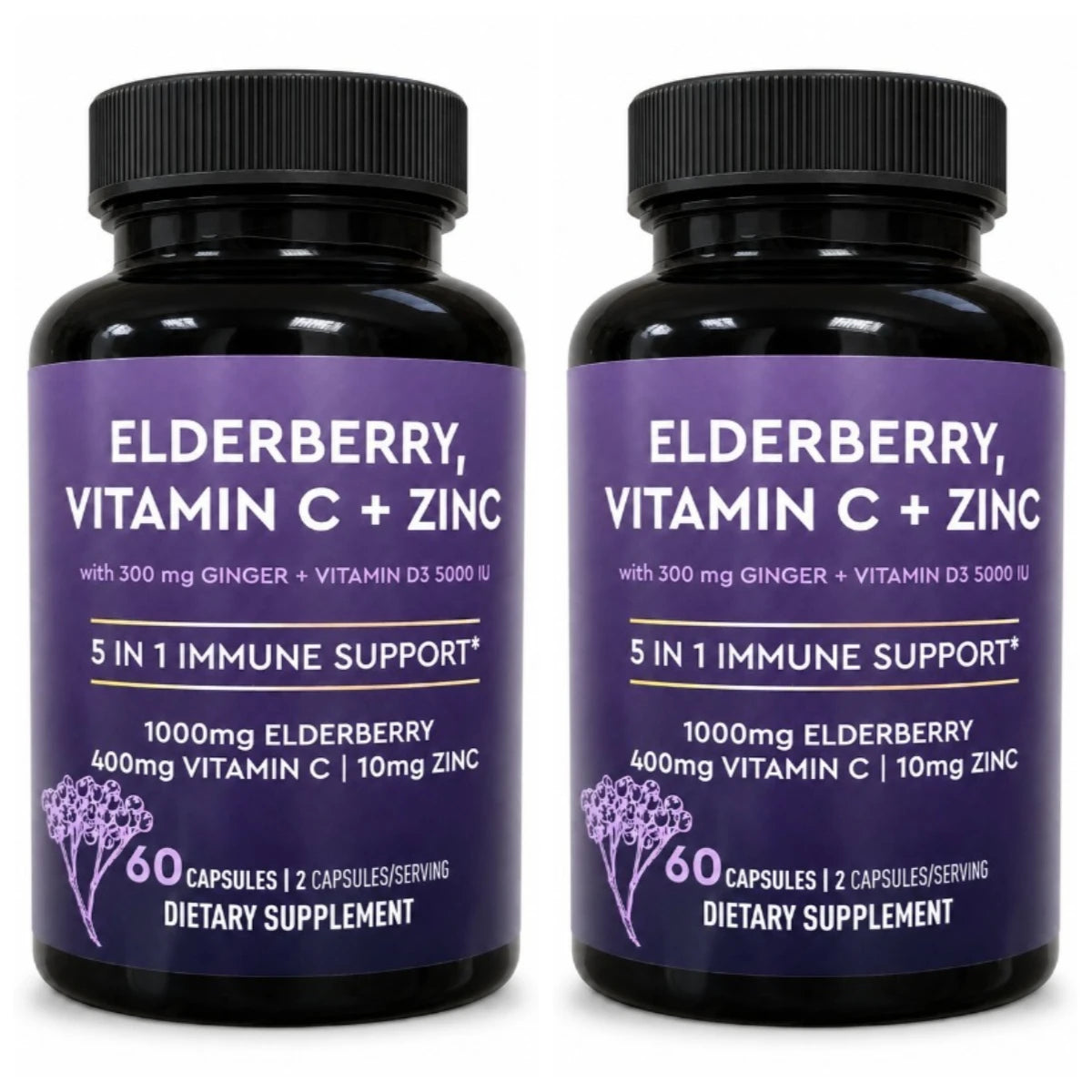 Elderberry Vitamin C Zinc Supplement with D3 5000 IU, Ginger Root Extract Sambucus Nigra Capsules 60 Count