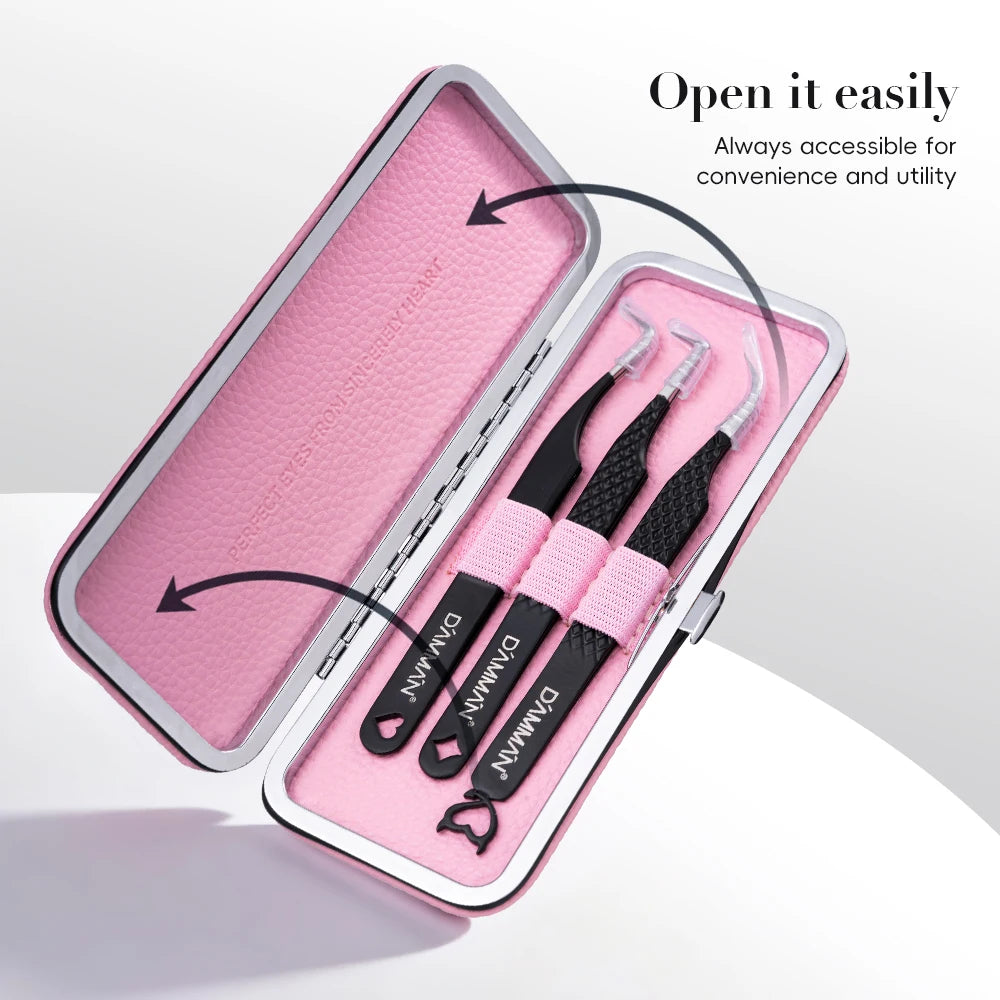 DAMMAN 3PCS Lash Tweezers Set Fiber Tip Tweezers for Eyelash Extension High Precision Eyelash Tweezers with Leather Case