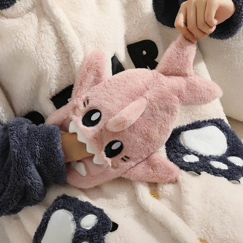 Portable Cute Plush Shark Hot Water Bottle Bag Stress Pain Relief Detachable Winter Warm Heat Reusable Hand Warmer