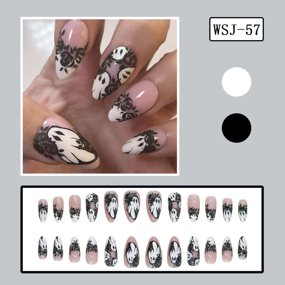 24pcs Simple Almond Press on Nails Cute White Ghost Bat Decor False Nails Wearable Reusable Spicy Cool Halloween Fake Nail Tips