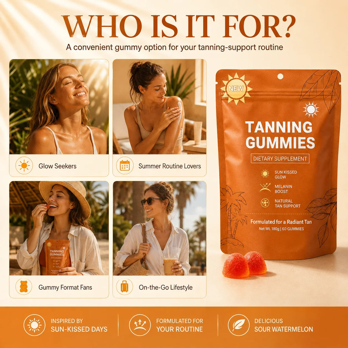 Tanning Gummies for Women, Sunless Bronzing Glow Support, Vegan Sugar-Free, Non-GMO, Astaxanthin & Lycopene, 60 Count