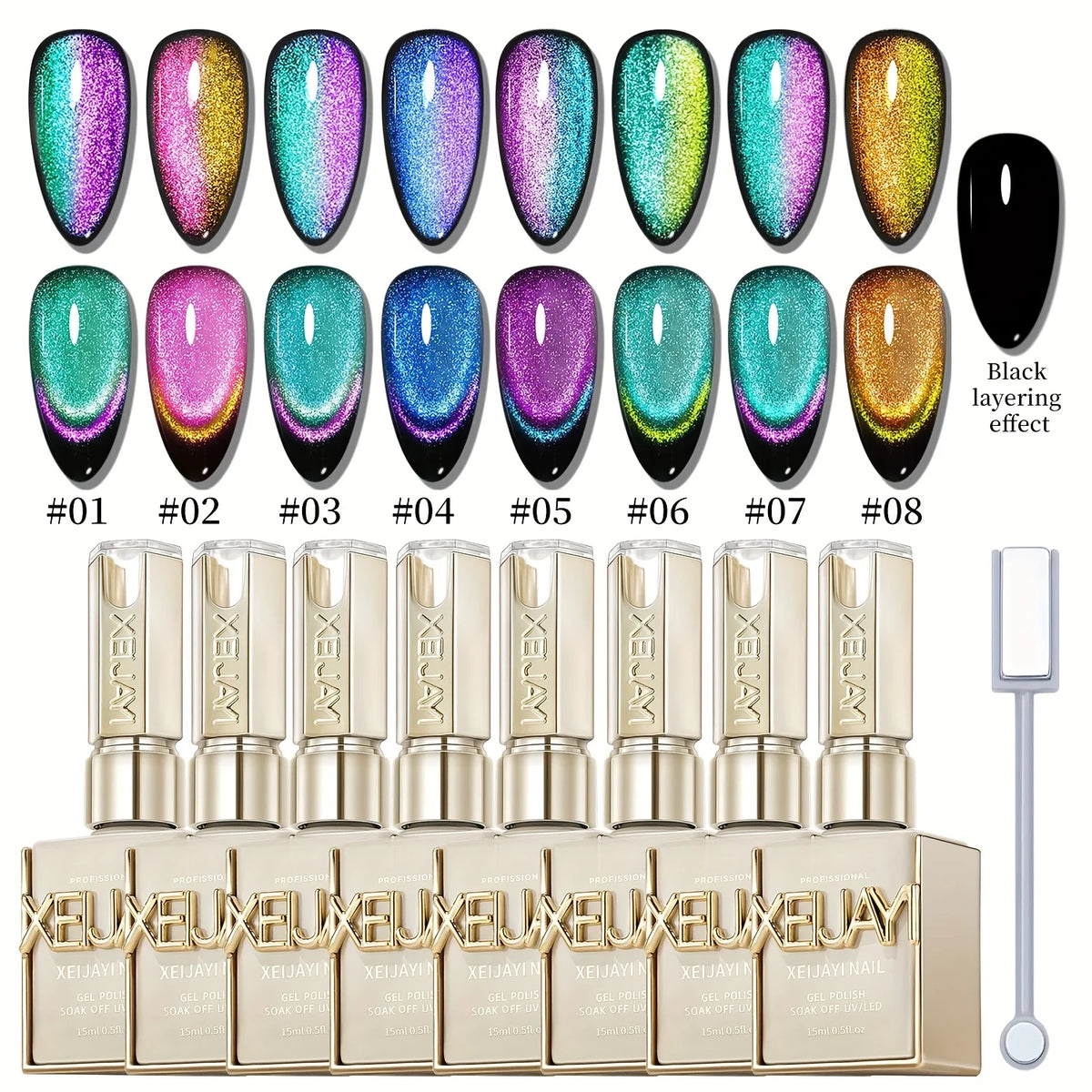 8pcs 15ml Cat Eye Nail Polish Set Contains Magnets Reflective Cat's Eye Magnetic Nail Gel Soaking UV LED Gel Salon Female Nail