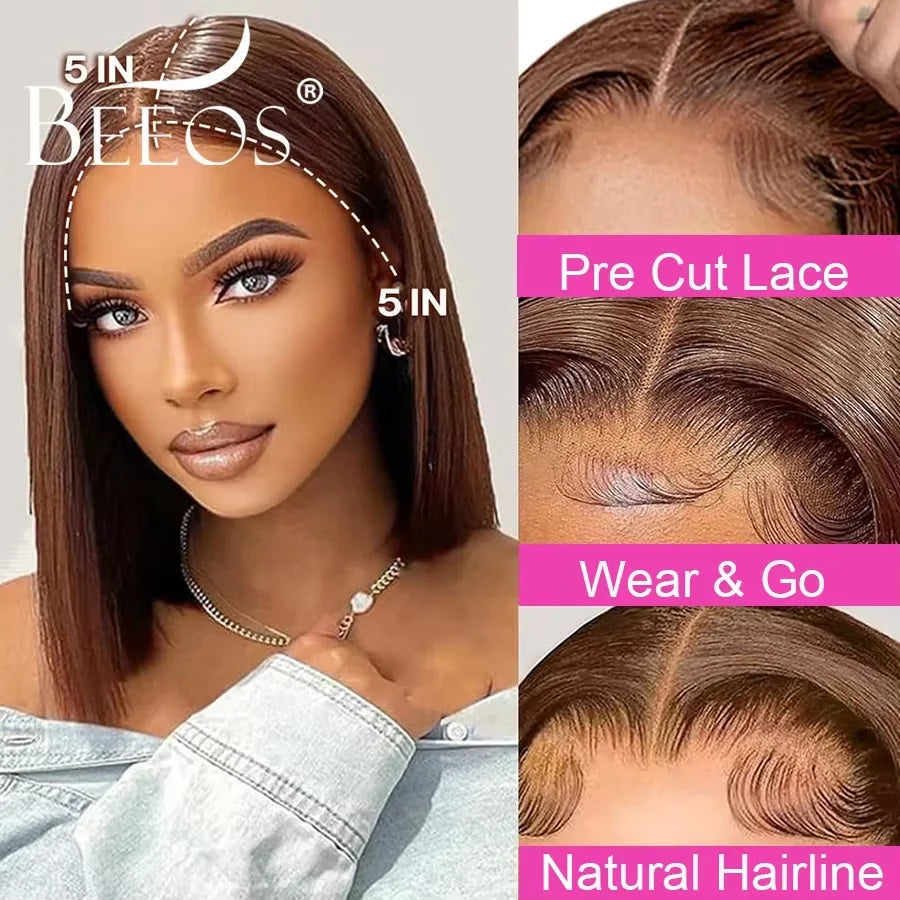 250% Chocolate Brown Short Bob Wigs 5X5 Real HD Lace Closure Wigs Human Hair 4# color Wear & Go Glueless Wig Invisible Remy Hair