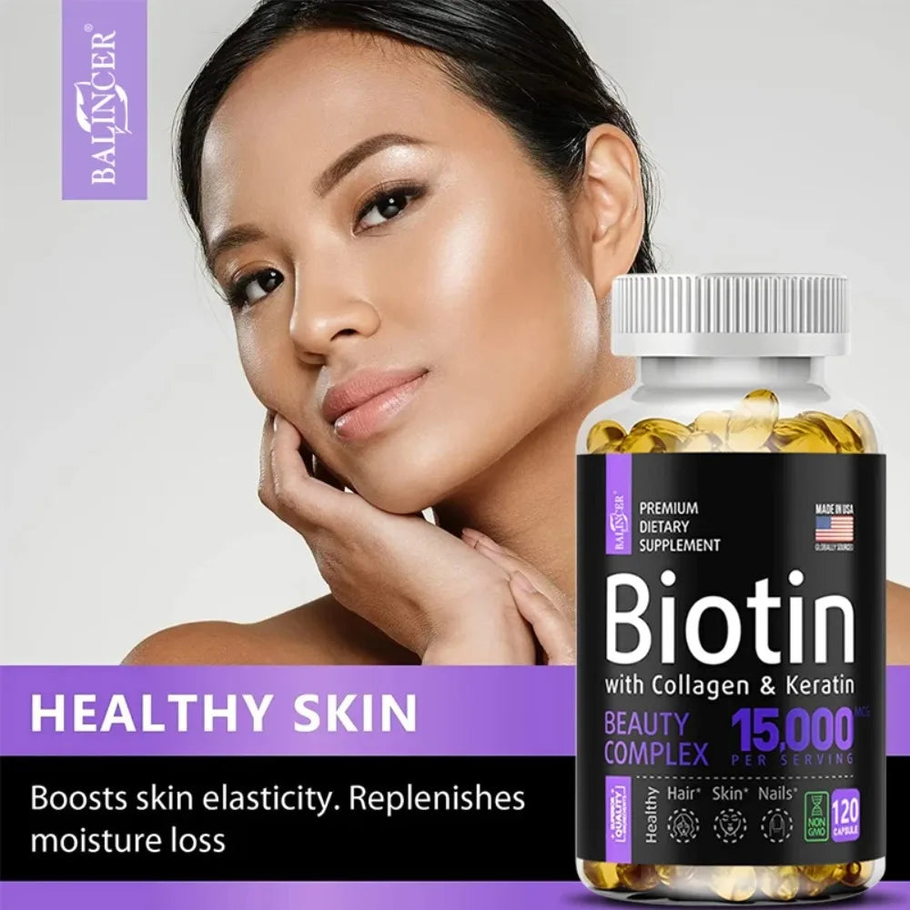 Biotin with Collagen & Keratin - Hair Growth Supplement for Women & Men, 15000 Mcg, Healthy Nails & Skin, 120 Capsules