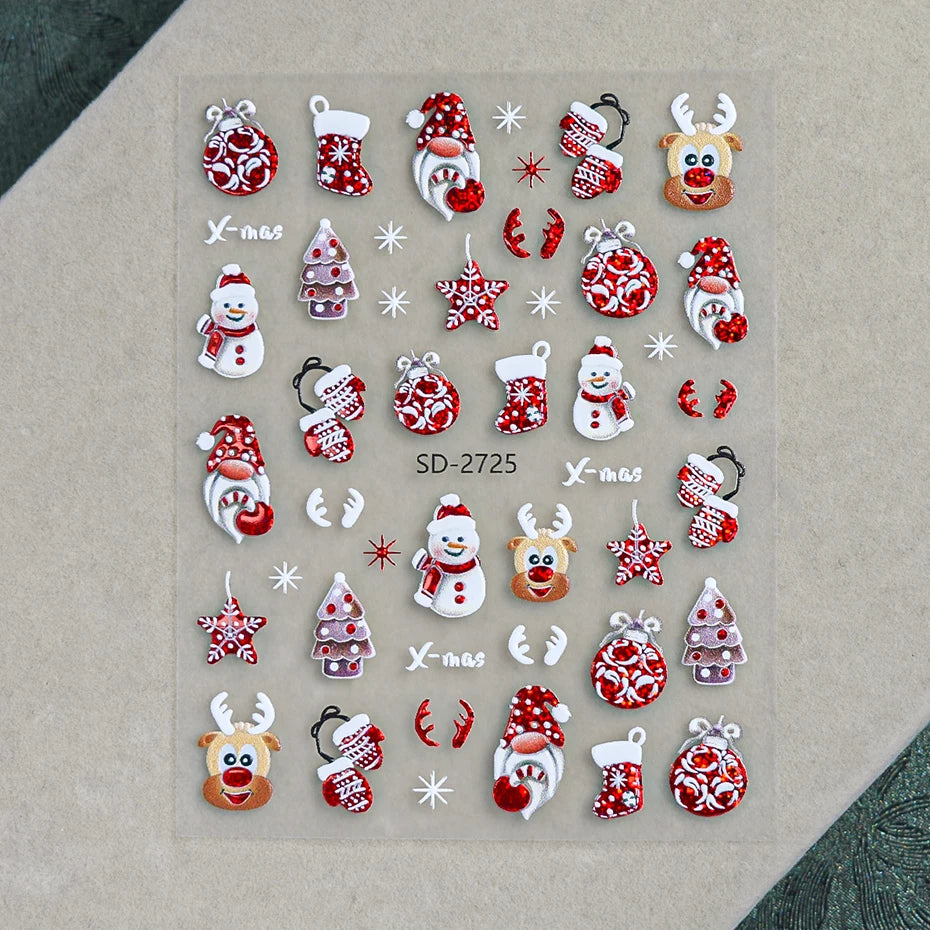 2 pcs Christmas Series Nail Stickers Cartoon Santa Claus Snowman Deer Bear Penguin Nail Decals Winter Xmas Holiday Nail Supplies