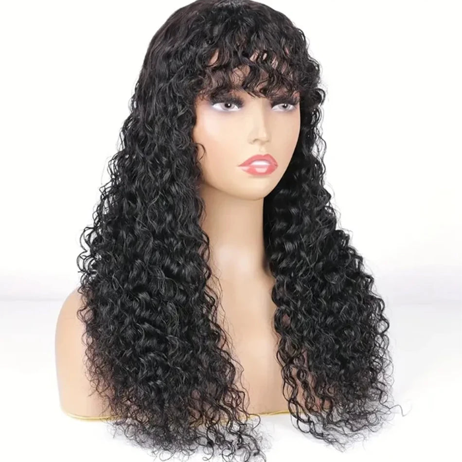 30inch Water Wave Human Hair Wigs With Bang Glueless Fringe Wig Kinky Deep Water Wig With Bangs Full Machine Made Wig Easy To Go