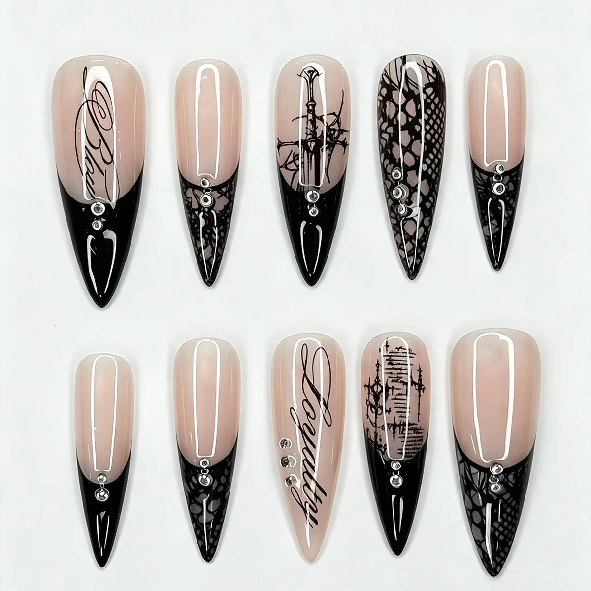 24PCS Gothic Red Smudging Long Stiletto Fake Nails 3D Metallic Silver Chain French Press on Nails Full Cover Halloween Nail Tips