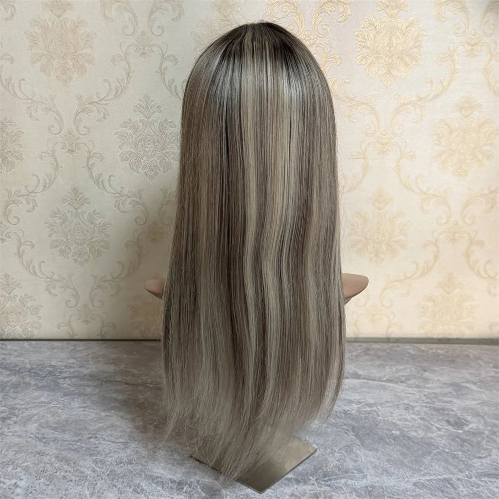 Brazilian Virgin Human Hair Wig 18" Highlights Straight Wig Dark Rooted Ash Blonde Glueless HD Lace Frontal Wig 13x4 for Women
