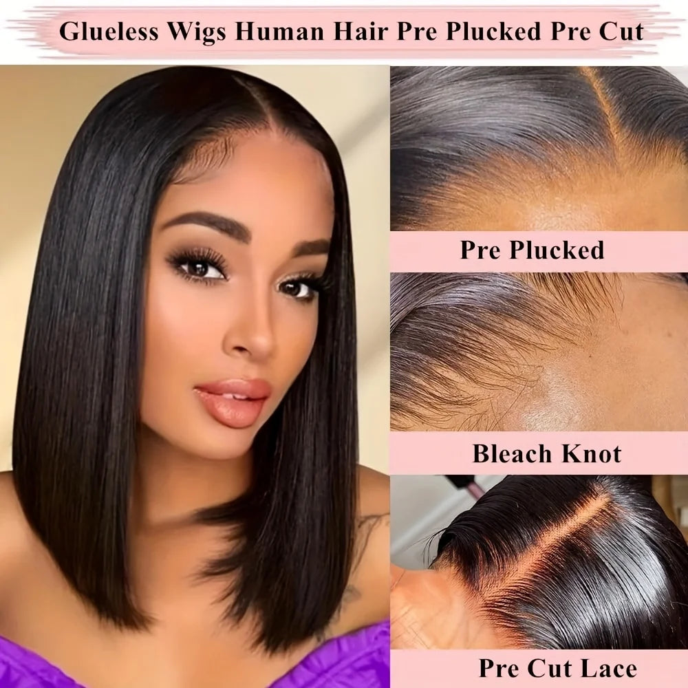 5x5 Glueless Bob Wigs Human Hair Pre Plucked Pre Cut Wear and Go 13x6 HD Lace Front Closure Wig Straight Short Wig 250 Density