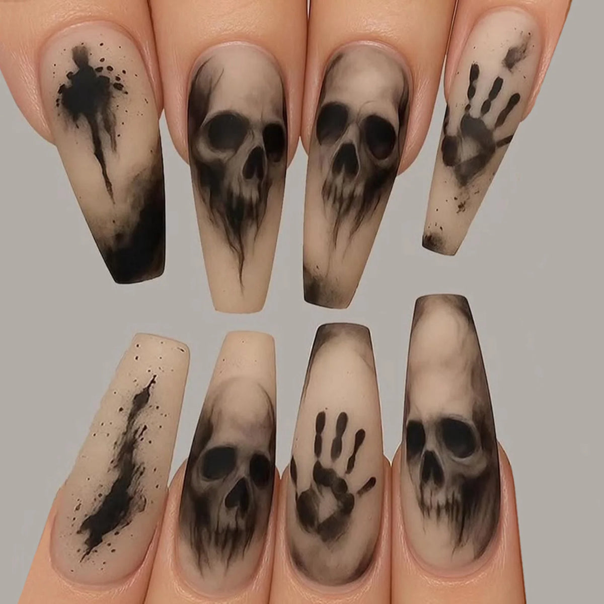 24pcs Women Girls False Nail Tips Ink Colored Skeleton Residue Palm Prined Press On Nails Halloween Frosted Long Fake Nail