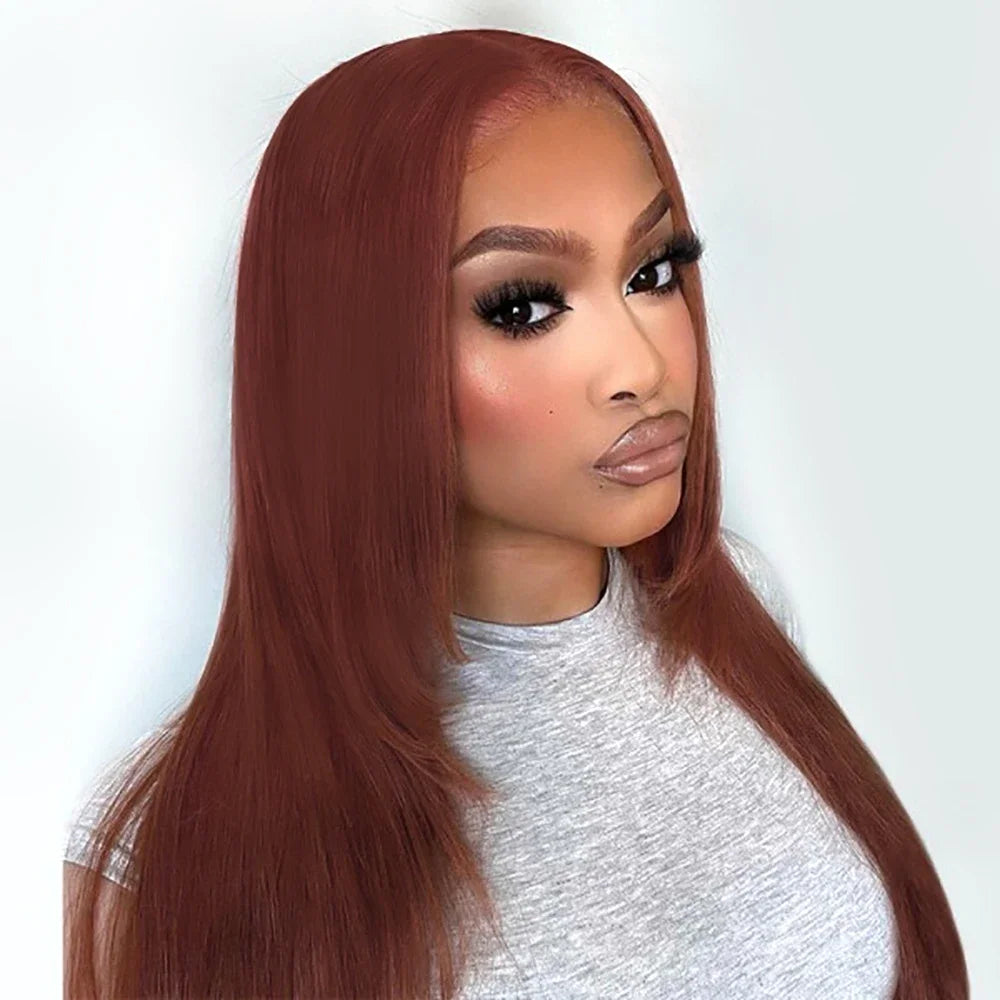 HD Straight Lace Front Wig Layered Wigs Reddish Brown Layered Cut Lace Wigs Copper Red Synthetic Butterfly Haircut Glueless Wigs