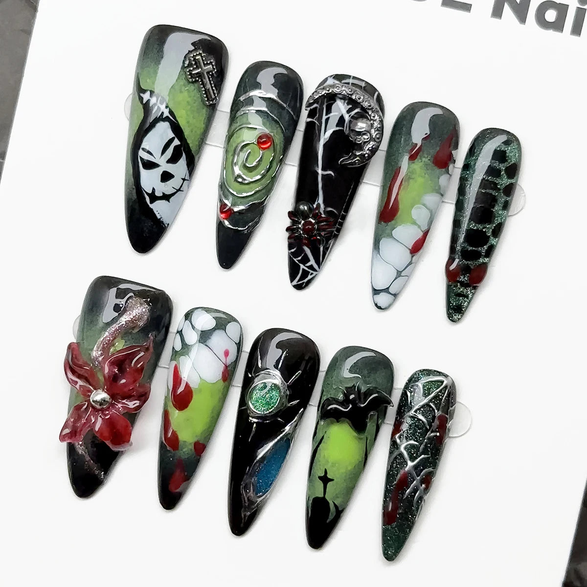 10pcs/Set Handmade acrylic press on nails Long high-heeled finger nails，halloween nails , Bloody Forest Hand-Painted Ghost Fake
