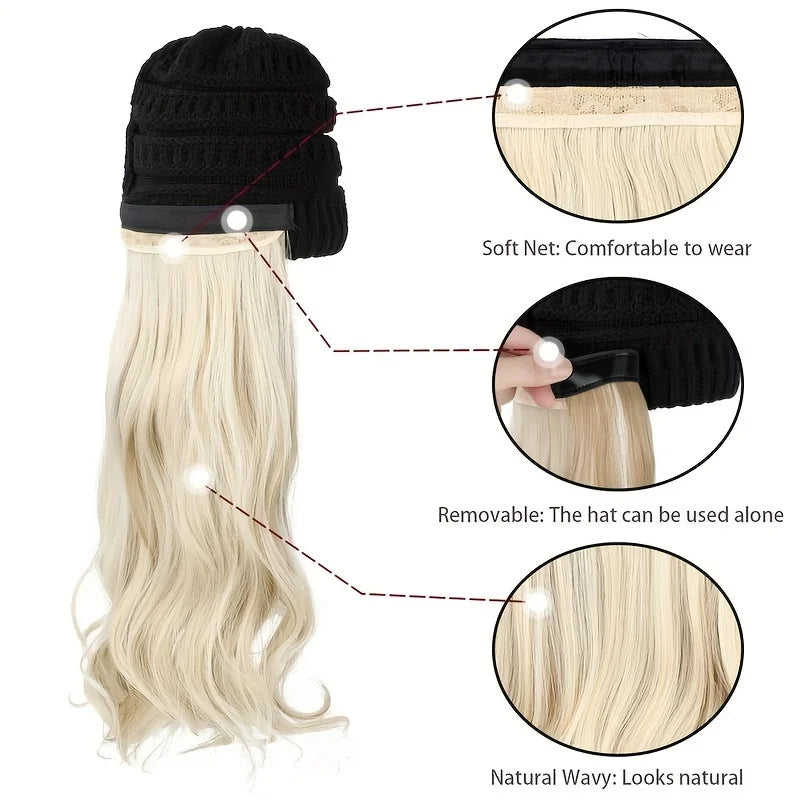 20inch Long Water Wavy Synthetic Hairpiece Beanie Hat - Woven Wigs with Knit Pom Cap and Warm Winter Design - Soft, Detachable,