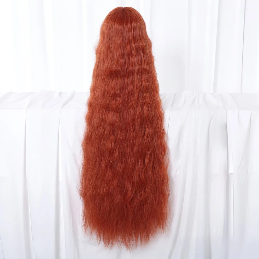 Copper Red Super Long Curly Synthetic Wig with Bangs Ginger Lolita Wavy Heat Resistant Cosplay Halloween Party Wigs for Women
