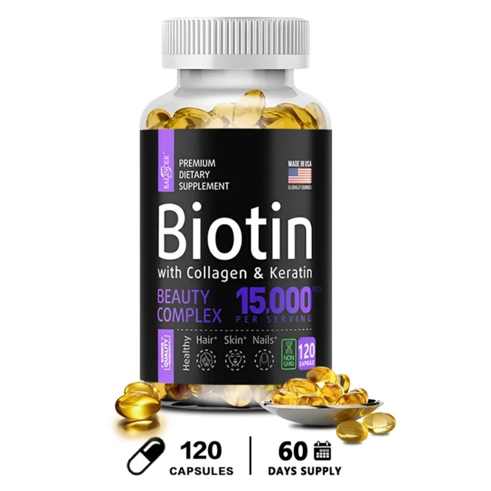 Biotin with Collagen & Keratin - Hair Growth Supplement for Women & Men, 15000 Mcg, Healthy Nails & Skin, 120 Capsules