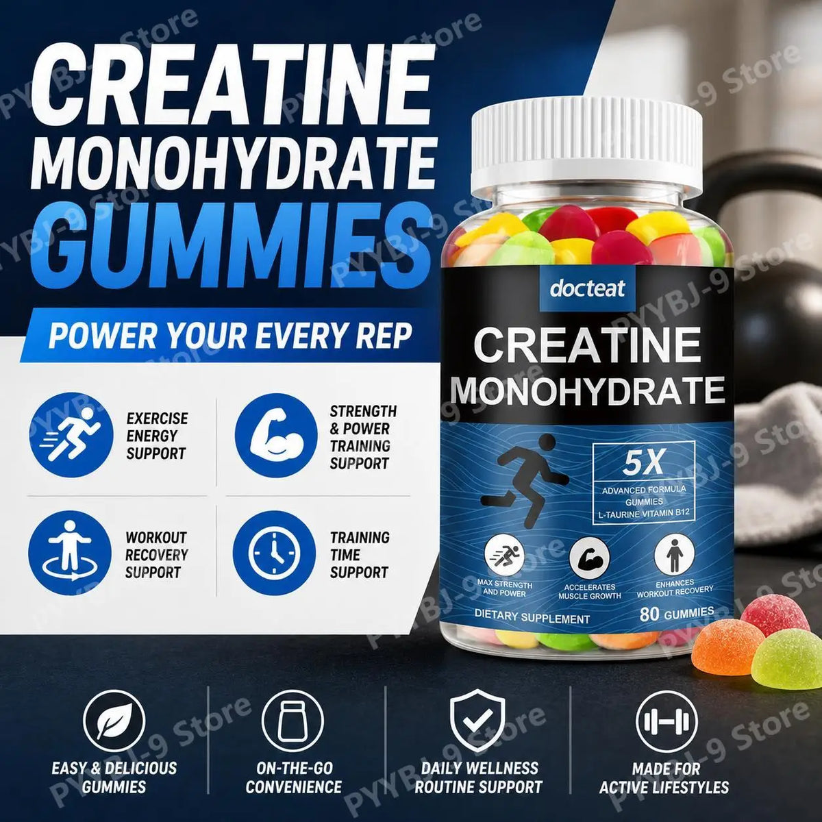 Docteat Creatine Monohydrate Gummies for Energy Support and Workout Recovery, Non-Sticky Sweet-Sour Chew, Easy Carry, 80 Gummies