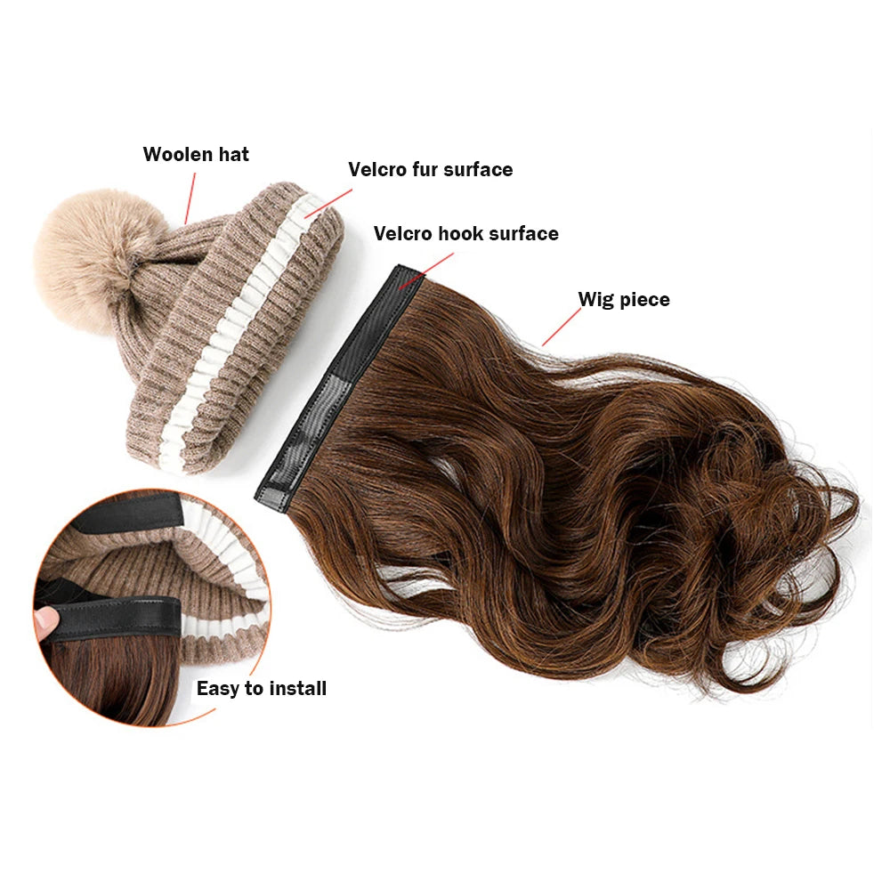 Winter Female Hat Wig With Curly Hair Extensions Synthetic Wave Wig Cap Dismountable Stylish Outdoors Beanie For Camping Hiking