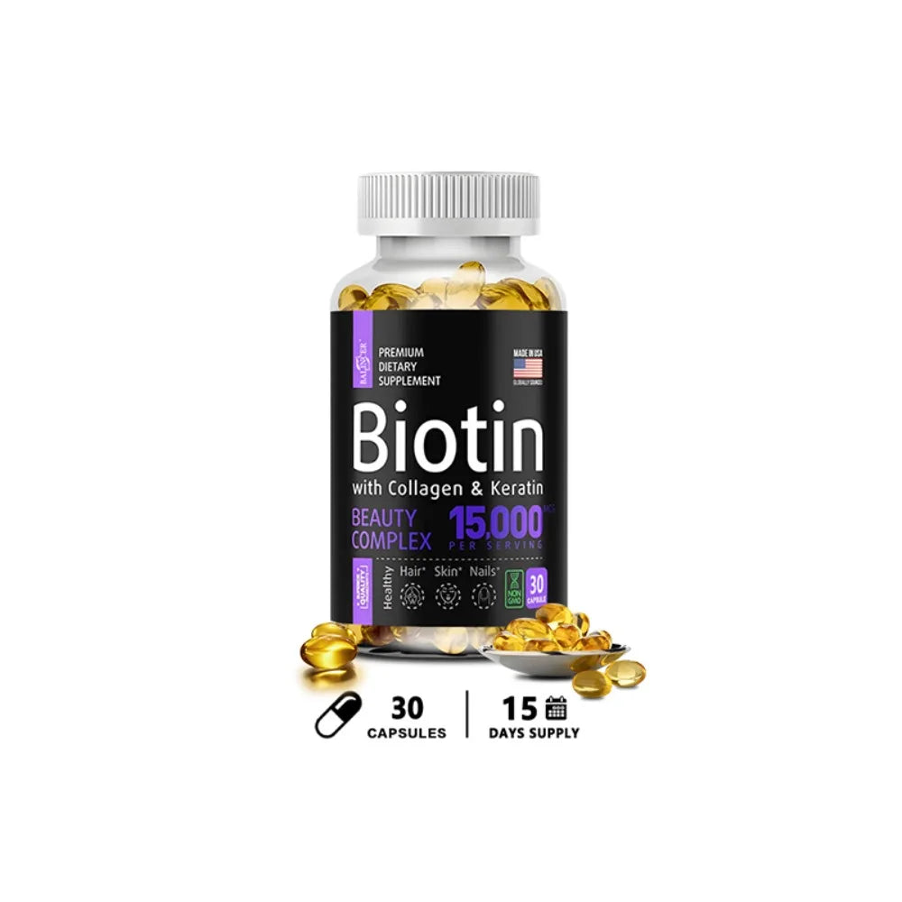 Biotin with Collagen & Keratin - Hair Growth Supplement for Women & Men, 15000 Mcg, Healthy Nails & Skin, 120 Capsules