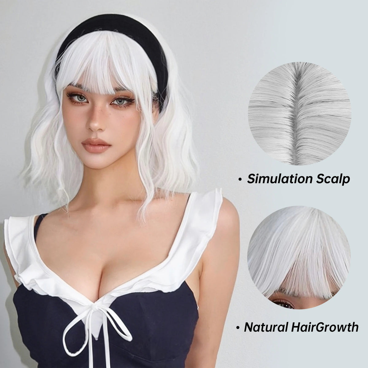 EASIHAIR Short White Bob Synthetic Wigs Short Wavy Lolita Natural Hair Wigs with Bangs for Women Heat Resistant Cosplay Wig