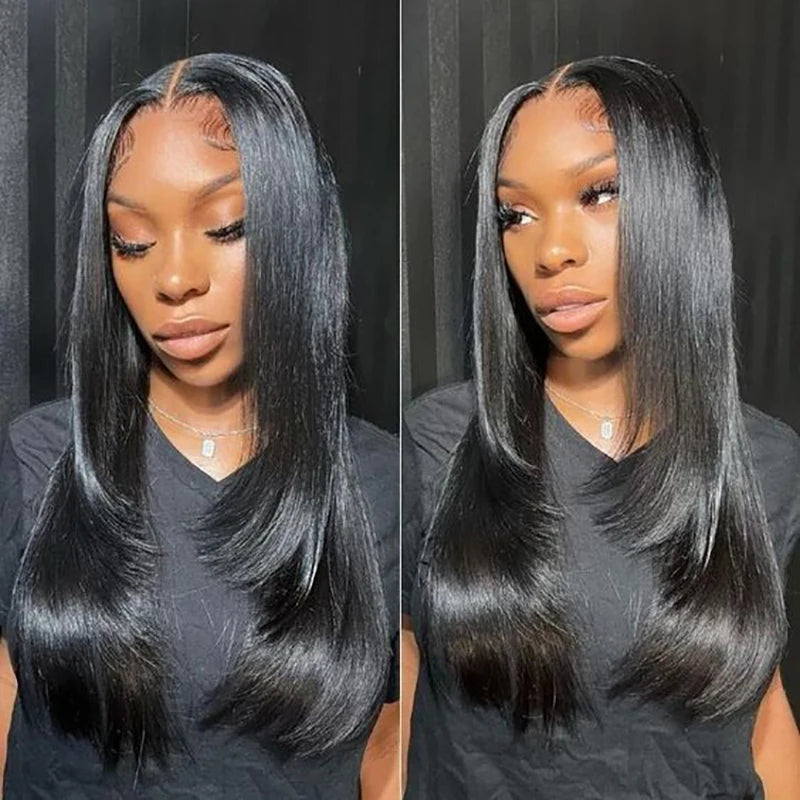 HD Straight Lace Front Wig Layered Wigs Reddish Brown Layered Cut Lace Wigs Copper Red Synthetic Butterfly Haircut Glueless Wigs