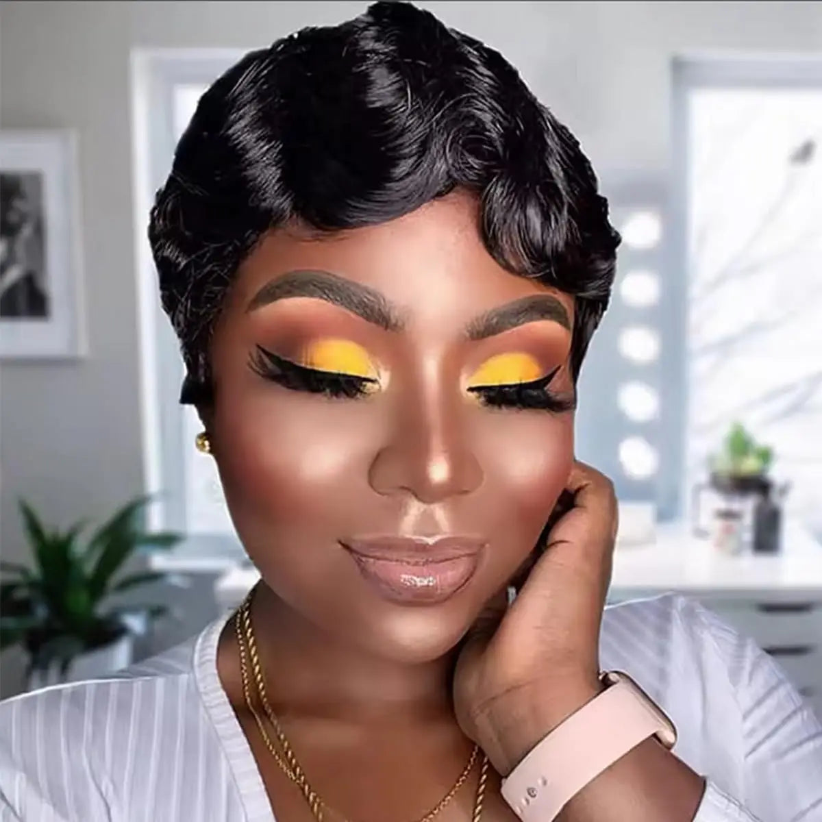 Short Wigs Human Hair Vintage Ocean Finger Wave Pixie Cut Wig for Black Women Glueless Costume Wigs Layered Machine Made No Glue