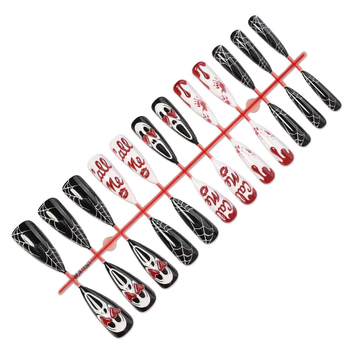 24Pcs Halloween Blood Drip Spider Web Ghost Mask Letter Print Pess on Nails 3D Heart Decor Fake Nail Long Almond False Nail