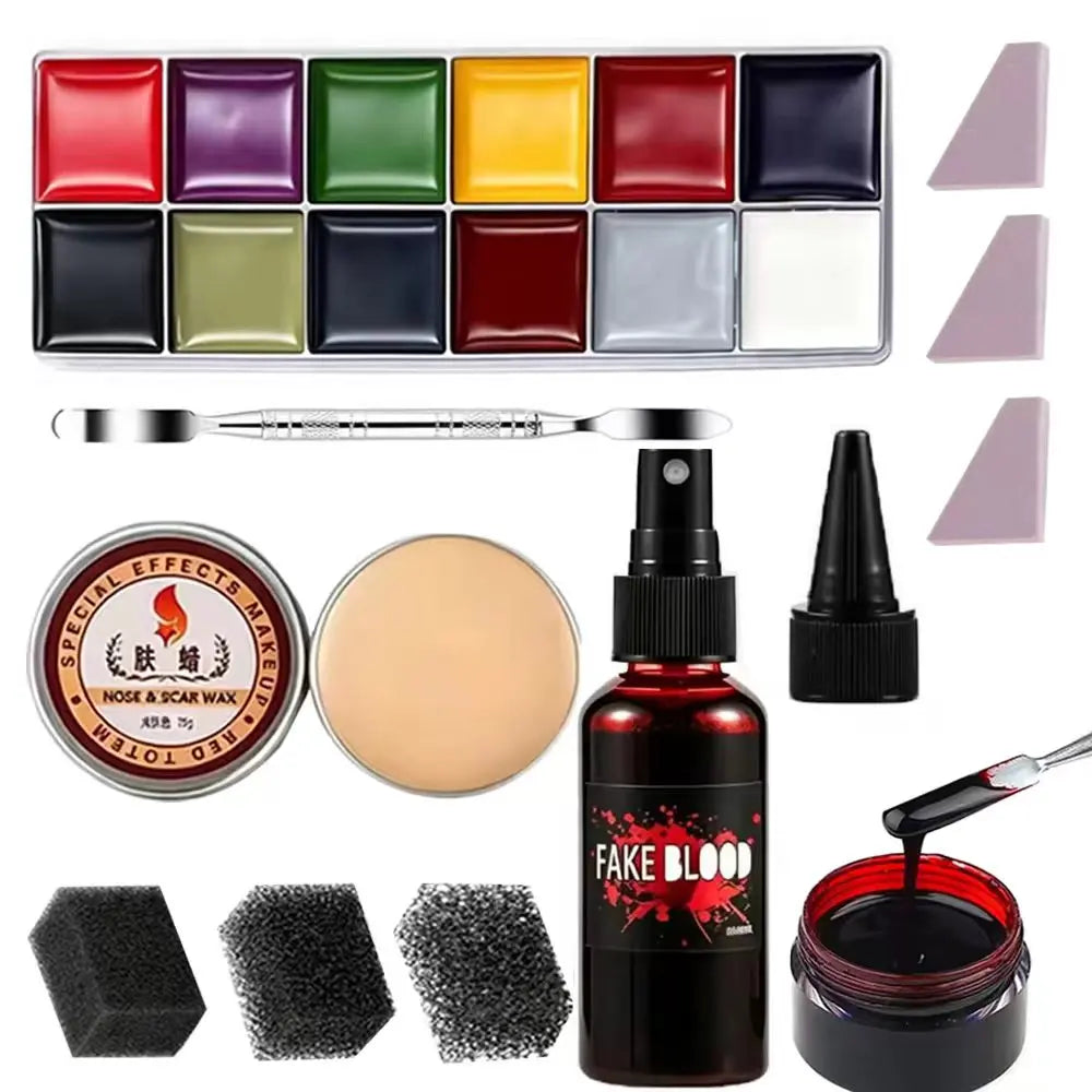 Special Effects SFX Halloween Makeup Kit - 12 Colors Face Body Paint Palette + Scar Wax with Spatula Tool + Fake Blood+Spong
