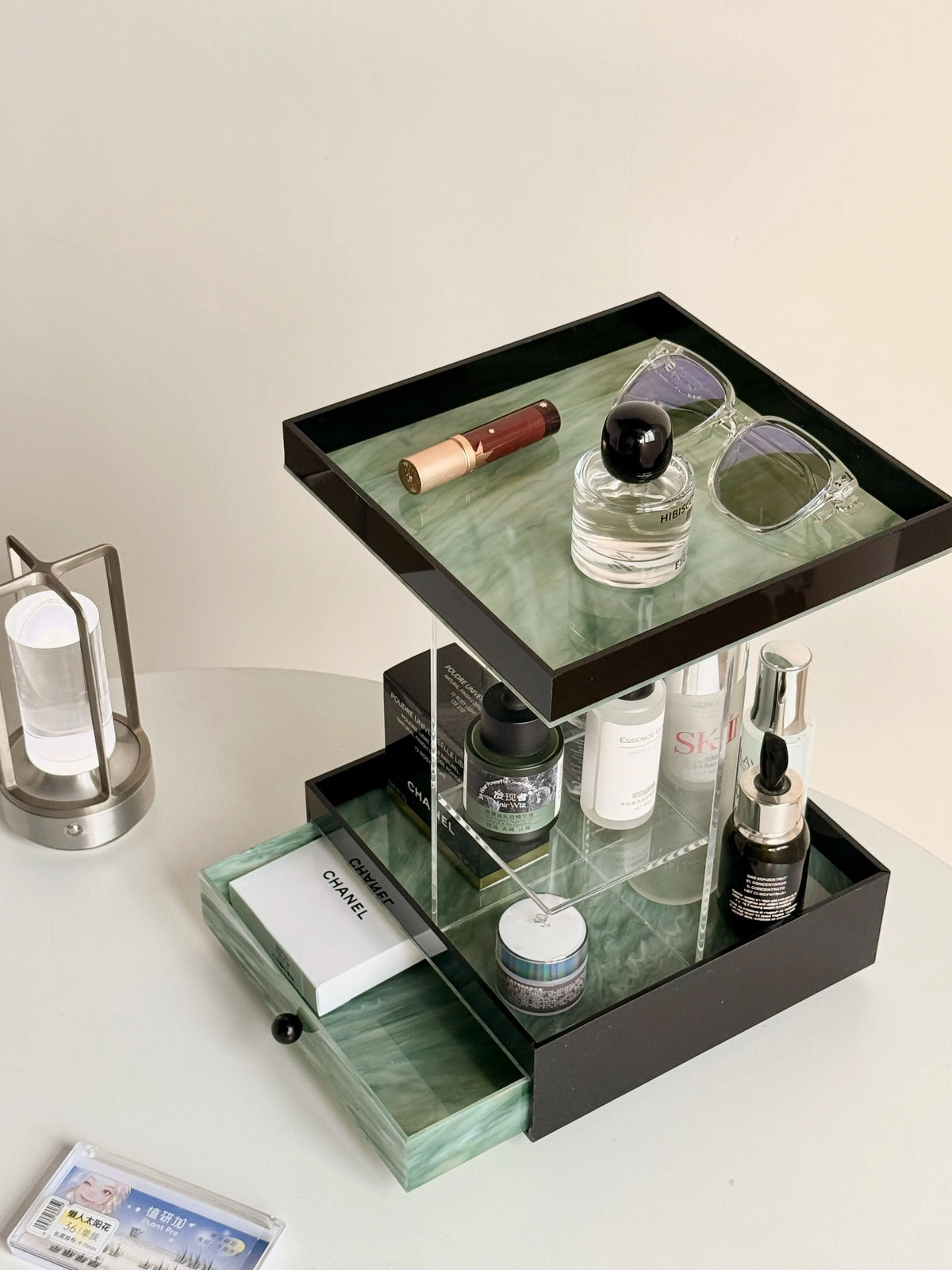 Wood and stone acrylic makeup brush storage box marble rotating dust-proof storage cylinder grid large-capacity lipstick box