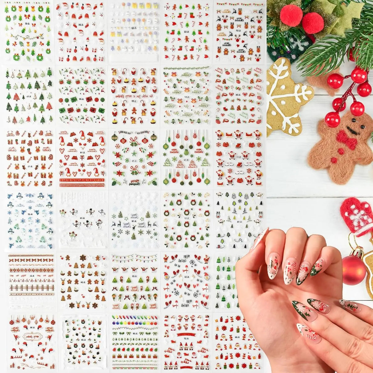 30PCS 3D Mixed Christmas Red Green Cartoon Nail Stickers Snowflake Elk  Santa Claus Snowman Glitter Nail Decals New Year Nails