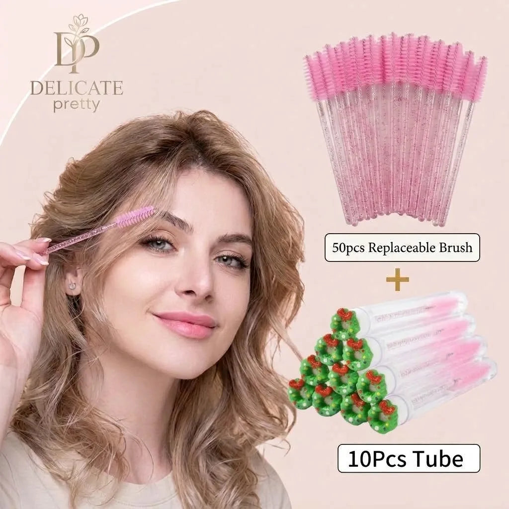 10PCS Christmas Mascara Wand in Tube with 50pcs Nylon Bristles for Eyelash Extension and Replacement Eyelash Brush Eyelash Comb