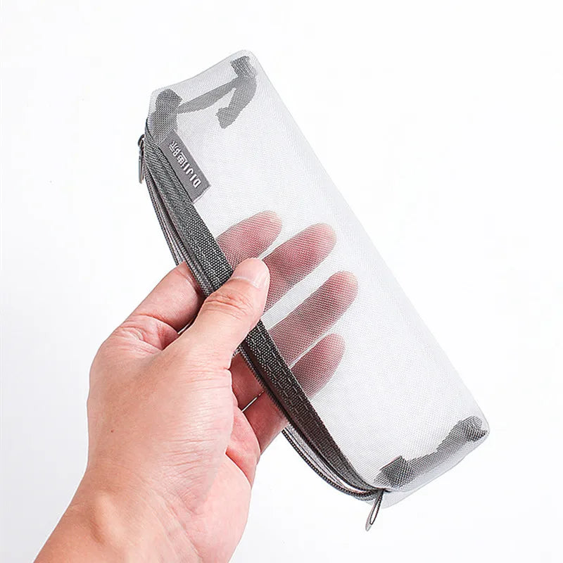 1PC Makeup Bags Case White Gray Black Large Capacity Mash Transparent Cosmetic Brush Bags Students Long Style Nylon Pencil Case